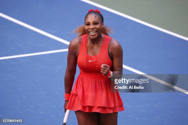 Serena Williams of the United States celebrates winning her Women’s Singles third round match against Sloane Stephens of the United States on Day Six...