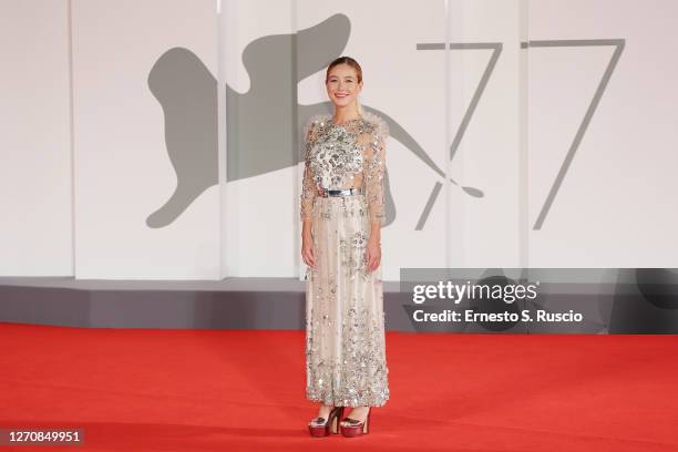 Charlotte Vega walks the red carpet ahead of the movie "Mosquito State" at the 77th Venice Film Festival on September 05, 2020 in Venice, Italy.