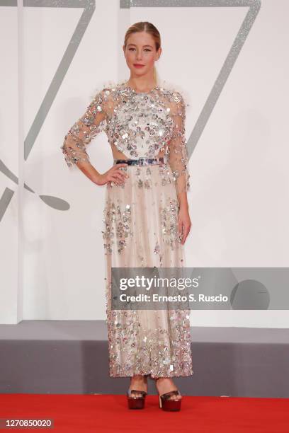 Charlotte Vega walks the red carpet ahead of the movie "Mosquito State" at the 77th Venice Film Festival on September 05, 2020 in Venice, Italy.