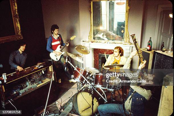 Band Van Der Graaf Generator April 1975. Rehearsing - somewhere in Wales LtoR: Hugh Banton, Peter Hammill, drummer and Dave Jackson.