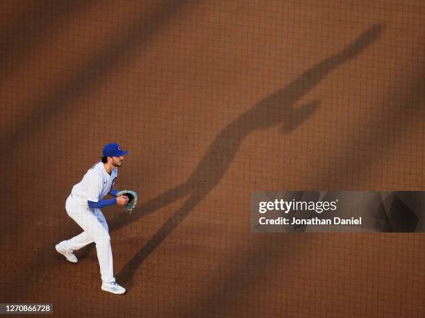 Kris Bryant of the Chicago Cubs mans his position during a game against the St. Louis Cardinals at Wrigley Field on September 05, 2020 in Chicago,...