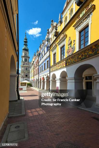 zamosc town hall and colorfully decorated armenian houses in zamosc, poland - zamosc stock pictures, royalty-free photos & images