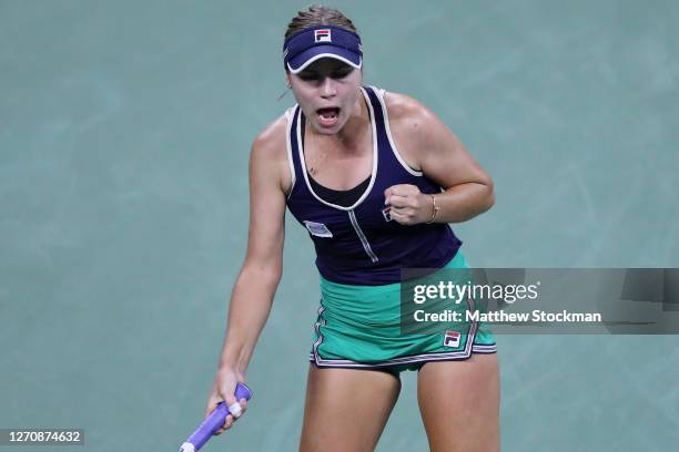 Sofia Kenin of the United States reacts after winning the first set during her Women’s Singles third round match against Ons Jabeur of Tunisia on Day...