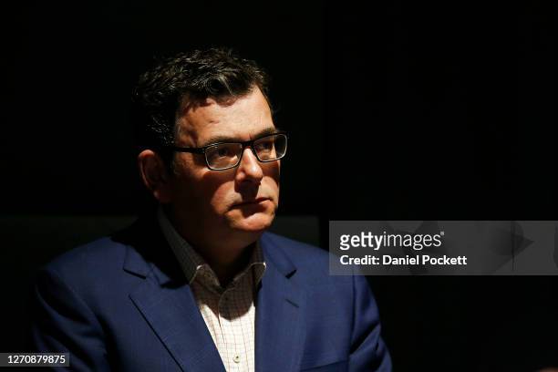 Victorian Premier Daniel Andrews looks on during a press conference on September 06, 2020 in Melbourne, Australia. Victorian Premier Daniel Andrews...