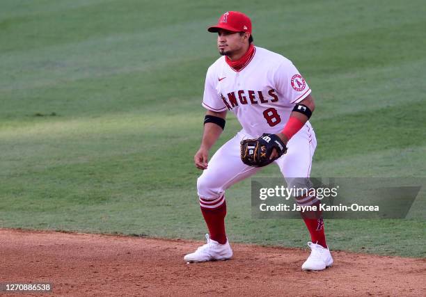 Franklin Barreto of the Los Angeles Angels as he plays second base in the game against the San Diego Padres at Angel Stadium of Anaheim on September...