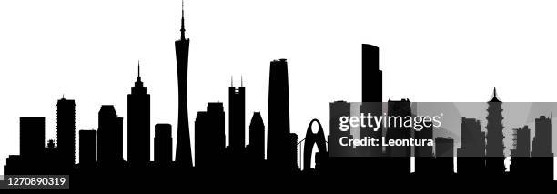 guangzhou skyline silhouette (all buildings are complete and moveable) - canton tower stock illustrations