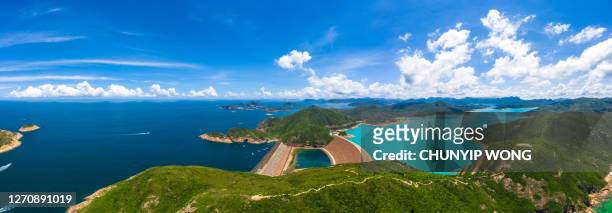wide angle aerial view of high island reservoir, far south eastern part of sai kung peninsula, hong kong - china reservoir stock pictures, royalty-free photos & images