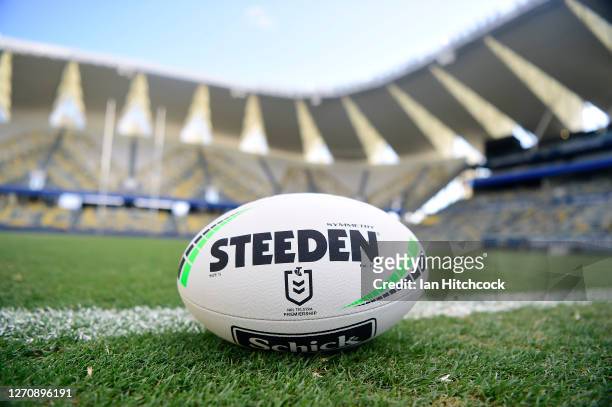 The game ball is seen on the field before the start of the round 17 NRL match between the North Queensland Cowboys and the St George Illawarra...
