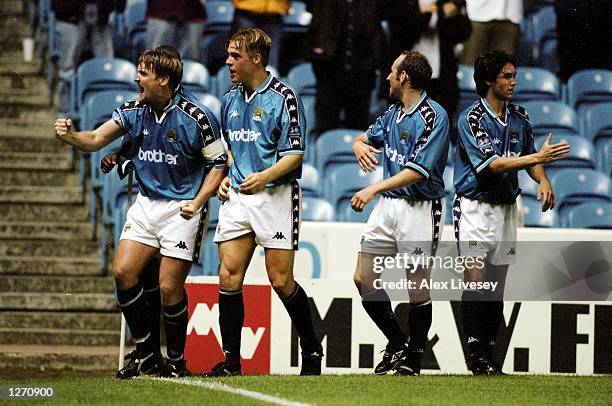 Celebration time for Manchester City during the Nationwide Division Two game against Walsall at Maine Road, Manchester, England. Man City won 3-1. \...