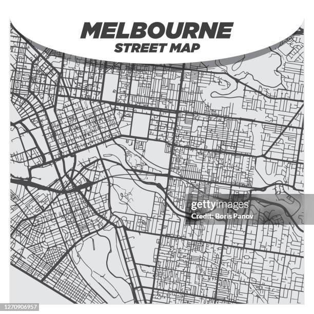 creative flat map of melbourne, australia with black streets and white background - river east stock illustrations