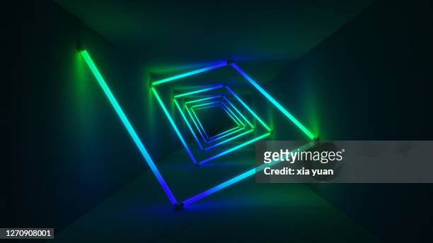 colourful neon lights illuminating tunnel - digital composite stock-fotos und bilder