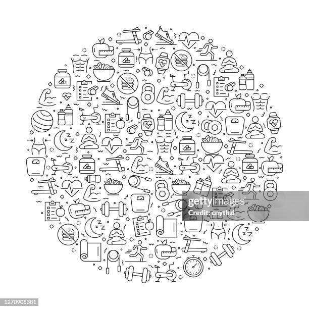 pattern with fitness and workout icons. black and white thin line icons - school gymnasium stock illustrations