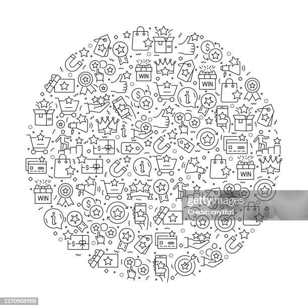 pattern with loyalty program icons. black and white thin line icons - client appreciation stock illustrations