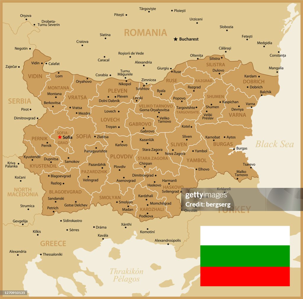 Map of Bulgaria. Political Map with Regions, National Flag, Geographical Borders of Turkey, Greece, Romania and Serbia