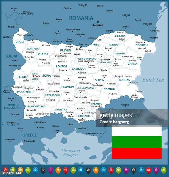 map of bulgaria. political map with regions, national flag, geographical borders of turkey, greece, romania and serbia - macedonia country stock illustrations