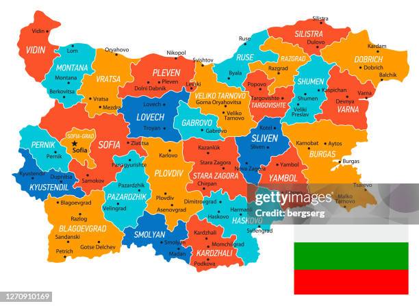 bulgaria map. vintage illustration with regions and national flag - varna bulgaria stock illustrations