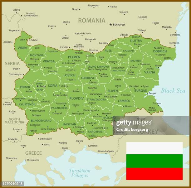 bulgarien karte. vintage illustration mit regionen und nationalflagge - varna bulgaria stock-grafiken, -clipart, -cartoons und -symbole