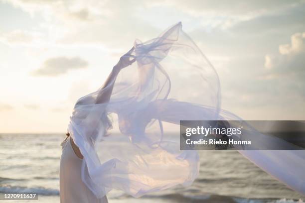 woman holding white sheer fabric on the beach - doorzichtige stof stockfoto's en -beelden