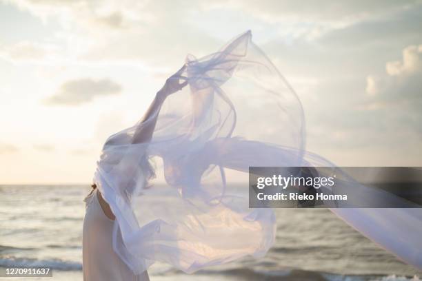 woman holding white sheer fabric on the beach - tecido transparente imagens e fotografias de stock