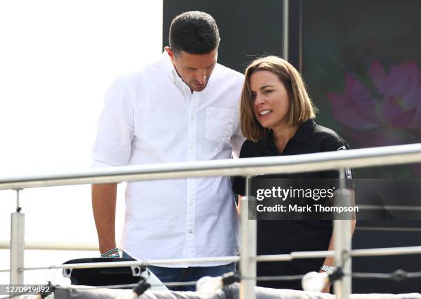 Williams Deputy Team Principal Claire Williams talks with husband Marc Harris before the F1 Grand Prix of Italy at Autodromo di Monza on September...