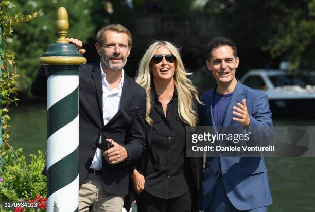 Lambert Wilson, Tiziana Rocca and Pedro Alonso are seen arriving at the Excelsior during the 77th Venice Film Festival on September 06, 2020 in...