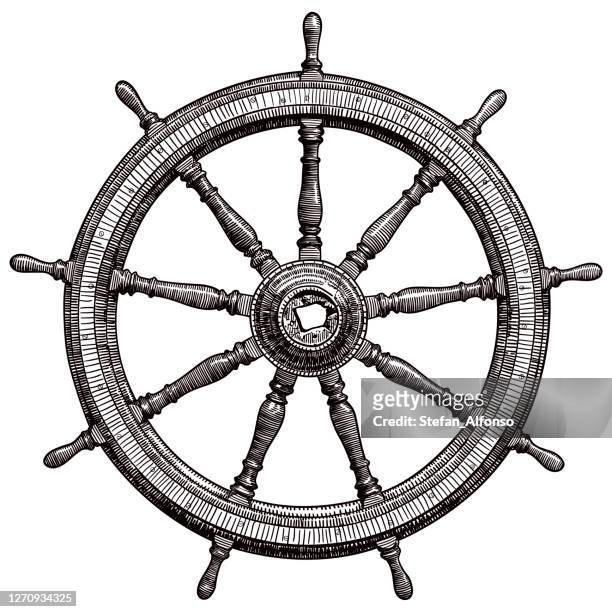 drawing of vintage ship steering wheel - ship stock illustrations