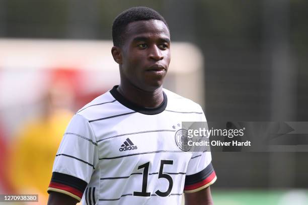 Youssoufa Moukoko of Germany looks dejected during the international friendly match between Germany U20 and Denmark U20 at Ernst-Wagener-Stadion on...