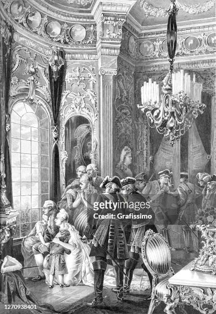 louis xvi of france with family in versailles 1789 at french revolution - king royal person stock illustrations