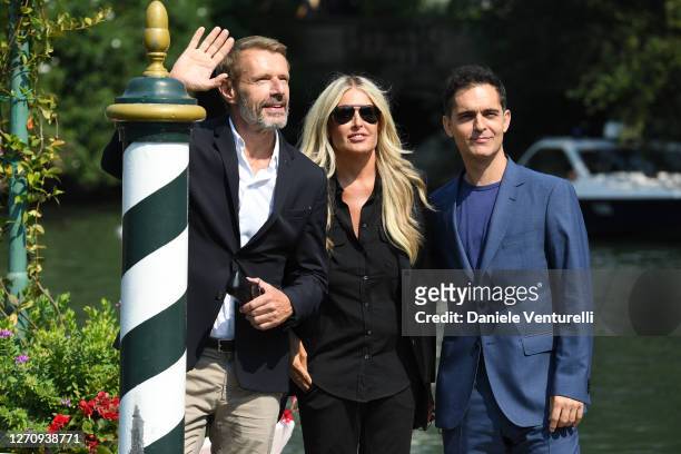 Lambert Wilson, Tiziana Rocca and Pedro Alonso are seen arriving at the Excelsior during the 77th Venice Film Festival on September 06, 2020 in...