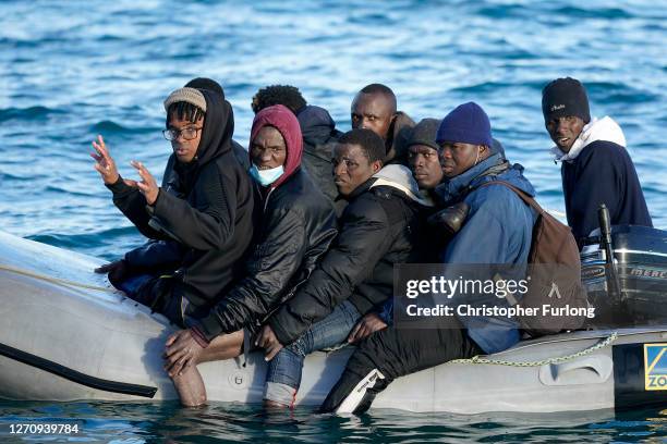 Nine migrants drift in the English Channel after their engine failed on September 06, 2020 in Dover, England. The nine male migrants were making...