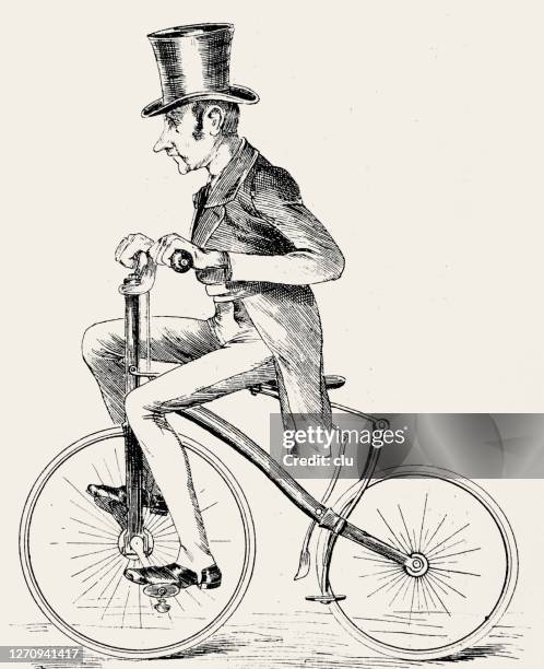 ilustrações de stock, clip art, desenhos animados e ícones de elegant man on small penny farthing bicycle - chapéu homburg