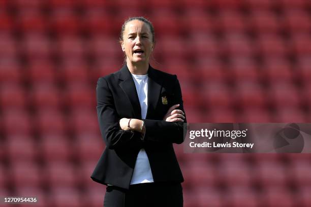 Casey Stoney, manager of Manchester United looks on during the Barclays FA Women's Super League match between Manchester United and Chelsea at Leigh...