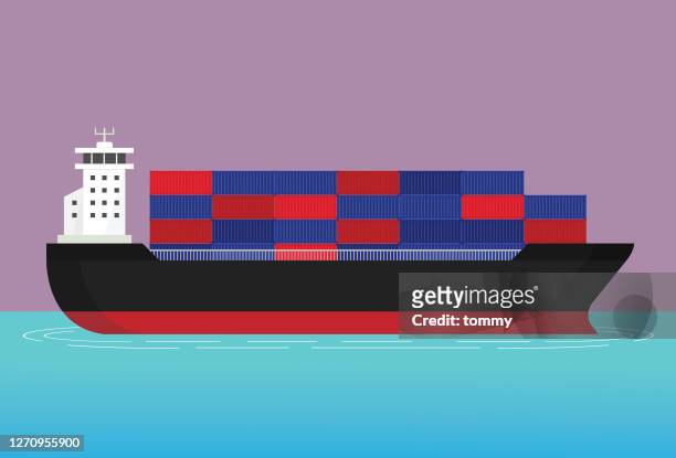 ein frachtschiff im ozean - containerschiff stock-grafiken, -clipart, -cartoons und -symbole