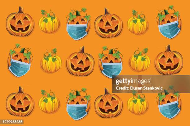 pumpkins wearing face masks pattern. coronavirus concept - pumpkin mask stock illustrations