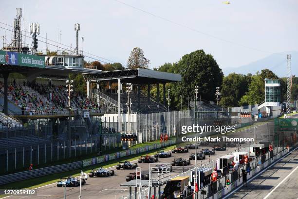 Cars line up on the grid to restart the race following a red flag period during the F1 Grand Prix of Italy at Autodromo di Monza on September 06,...