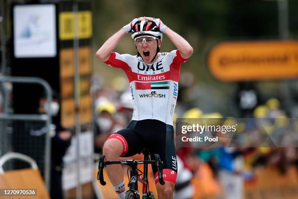 Arrival / Tadej Pogacar of Slovenia and UAE Team Emirates / Celebration / during the 107th Tour de France 2020, Stage 9 a 153km stage from Pau to...