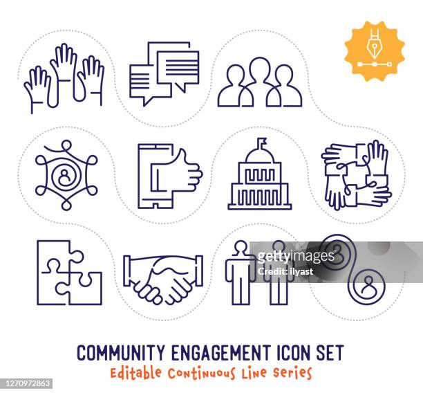 ilustraciones, imágenes clip art, dibujos animados e iconos de stock de paquete de iconos de línea continua editable de community engagement - engagement