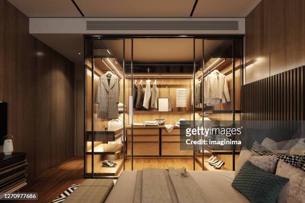 luxury bedroom with walk in closet - closet stock pictures, royalty-free photos & images