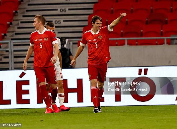 Mario Fernandes of Russia celebrates his goal next to Andrei Semenov of Russia during the UEFA Nations League group stage match between Hungary and...