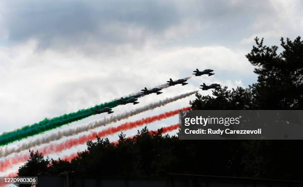 An aerial display is seen over the grid before the F1 Grand Prix of Italy at Autodromo di Monza on September 06, 2020 in Monza, Italy.
