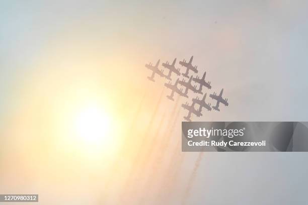 An aerial display is seen over the grid before the F1 Grand Prix of Italy at Autodromo di Monza on September 06, 2020 in Monza, Italy.