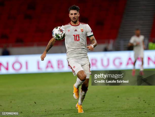 Dominik Szoboszlai of Hungary controls the ball during the UEFA Nations League group stage match between Hungary and Russia at Puskas Arena on...