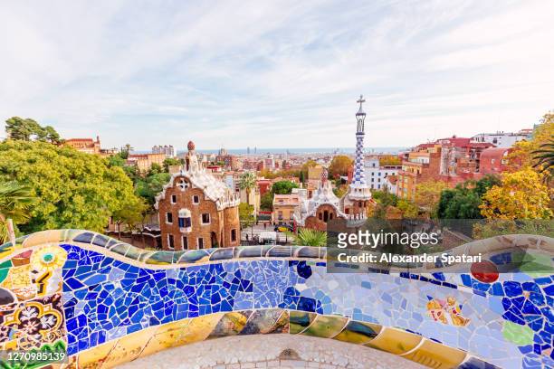 barcelona skyline with colorful buildings on a sunny day, spain - barcelona spanien stock-fotos und bilder