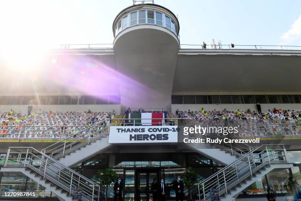 Tribute to the national health service of Italy is seen in the grandstand during the F1 Grand Prix of Italy at Autodromo di Monza on September 06,...
