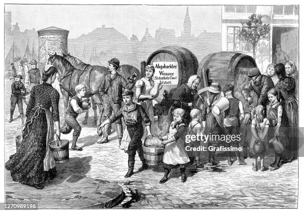 city administration of hamburg germany distributing boiled water in cholera pandemic - epidemic history stock illustrations
