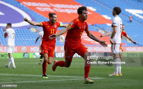 Neco Williams of Wales celebrates after scoring his team's first goal during the UEFA Nations League group stage match between Wales and Bulgaria at...