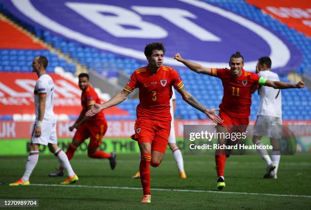 Neco Williams of Wales celebrates after scoring his team's first goal during the UEFA Nations League group stage match between Wales and Bulgaria at...