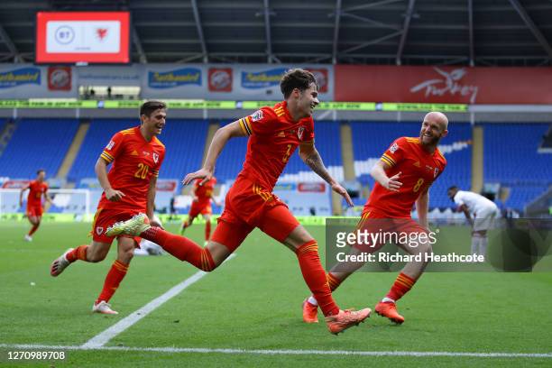 Neco Williams of Wales celebrates after scoring his team's first goal during the UEFA Nations League group stage match between Wales and Bulgaria at...