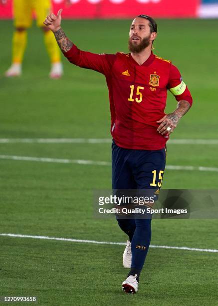 Sergio Ramos of Spain celebrates after scoring his team's first goal during the UEFA Nations League group stage match between Spain and Ukraine at...