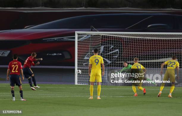Sergio Ramos of Spain scores his team's first goal from the penalty spot during the UEFA Nations League group stage match between Spain and Ukraine...